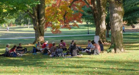 Students sitting on T-Hall lawn