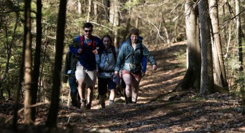 students walking through College Woods