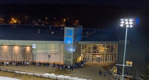 Aerial view of students lining up outside of the Whittemore Center