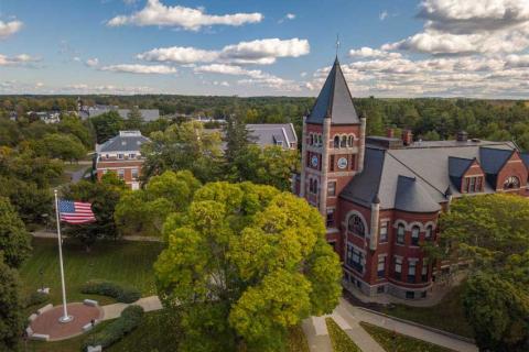 Aerial view of UNH Durham campus and T-Hall