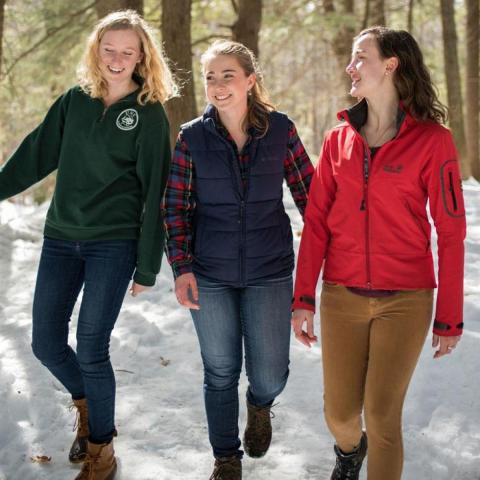 Group of students walking through College Woods in the winter