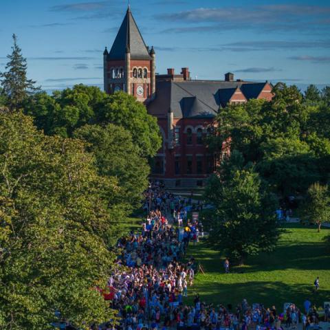 Aerial view of students walking outside of T-Hall during U Day