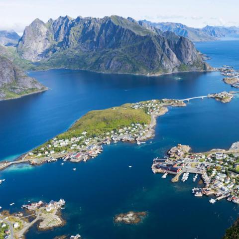 Aerial view of island with mountainous terrain