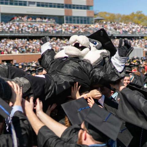 Wild E. Cat crowd surfs his way across the field during commencement